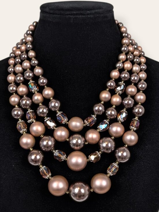 Jewelry - Vintage 4-Strand Brown Faux Pearl & Crystal Statement Necklace